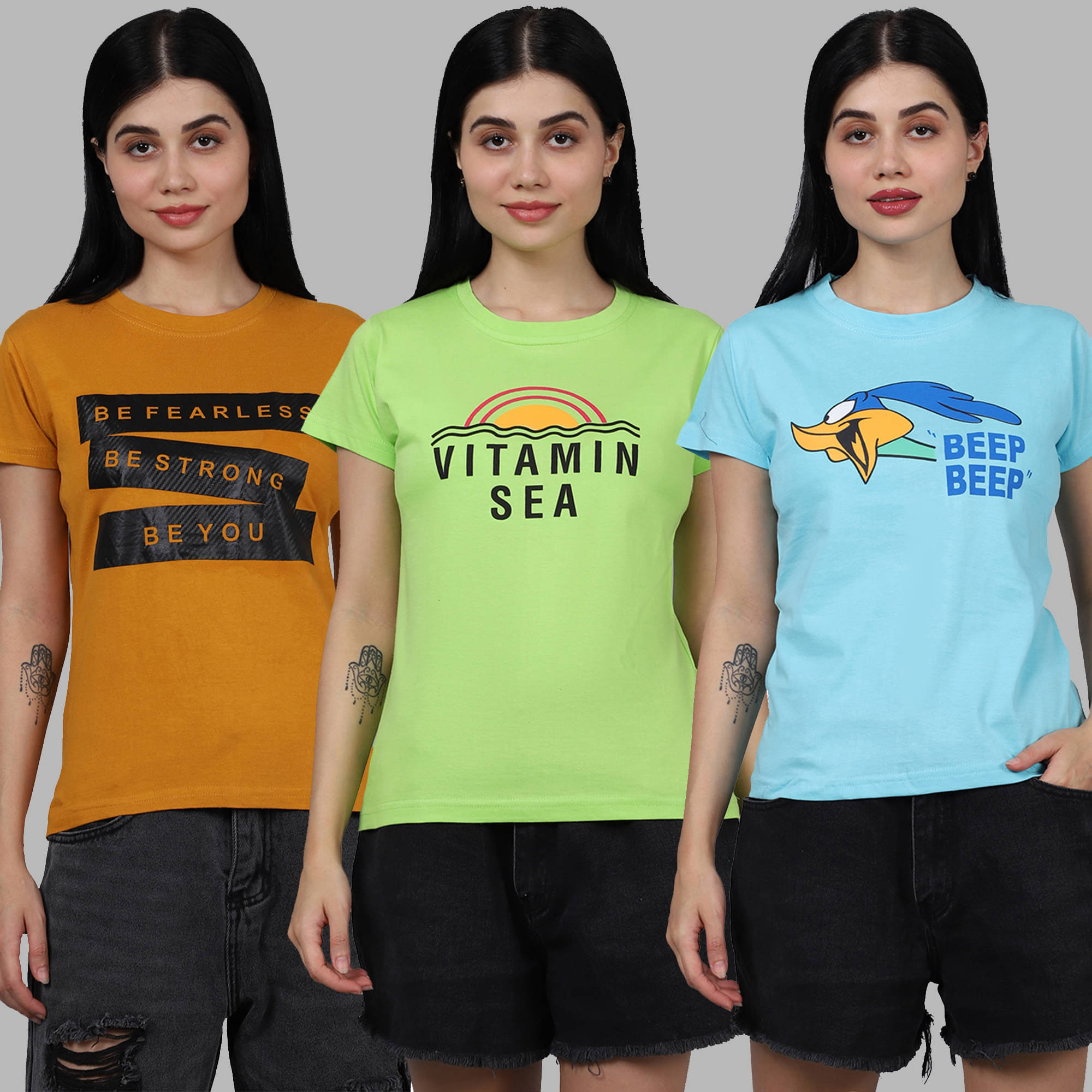 Fabflee Women Cotton Printed Regular Fit Round Neck T-Shirt ( Multicolor )     			Fabflee Women Cotton Printed Regular Fit Round Neck T-Shirt ( Multicolor )