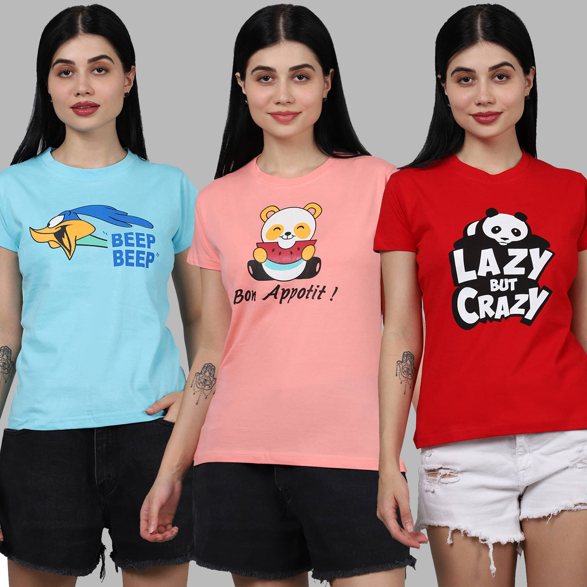     			Fabflee Women Cotton Printed Regular Fit Round Neck T-Shirt ( Multicolor )