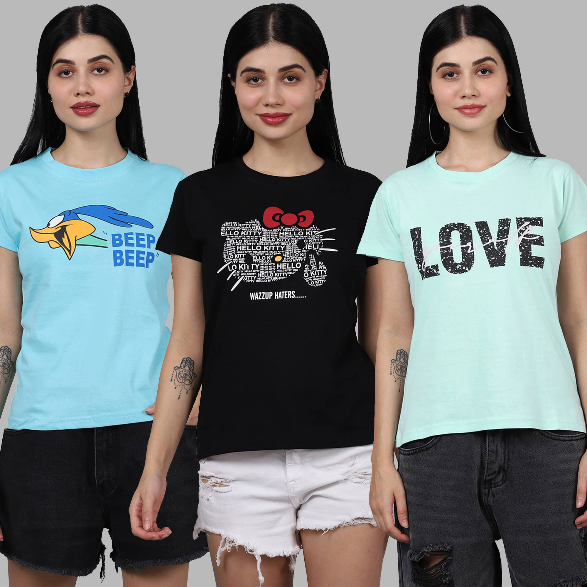 Fabflee Women Cotton Printed Regular Fit Round Neck T-Shirt ( Multicolor )     			Fabflee Women Cotton Printed Regular Fit Round Neck T-Shirt ( Multicolor )