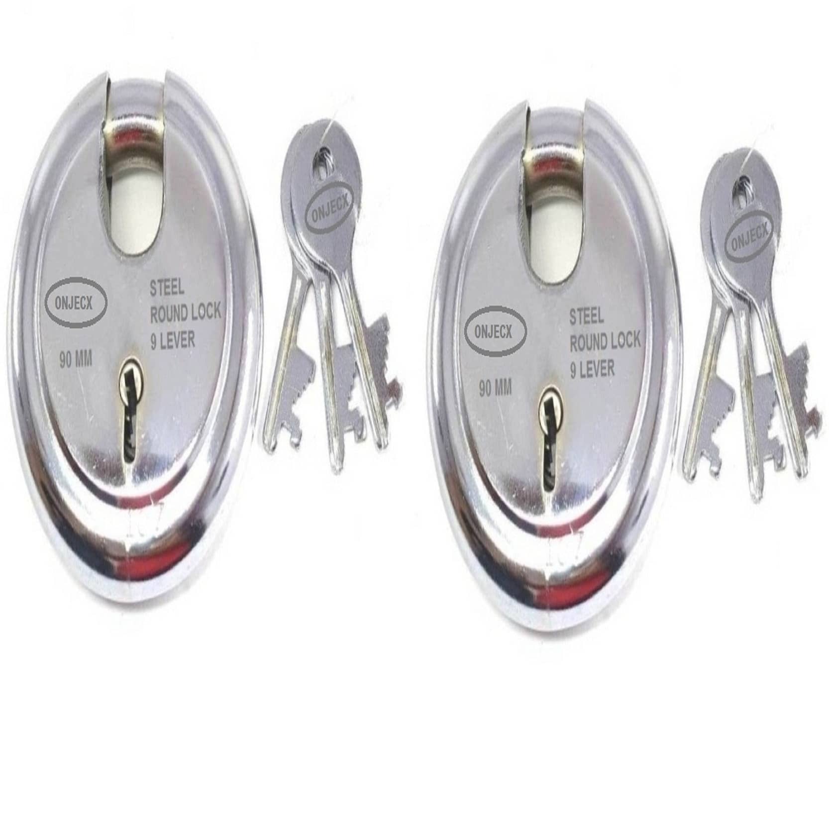 Onjecx Steel High Quality Primium range Lock 9 Levers 90 mm Heavy Duty Padlock , Sutter lock, Round lock Long life Durable with 3 Keys for Main Gate, Office Door, Shop Shutter, Pack of 2 pcs (RPL90)