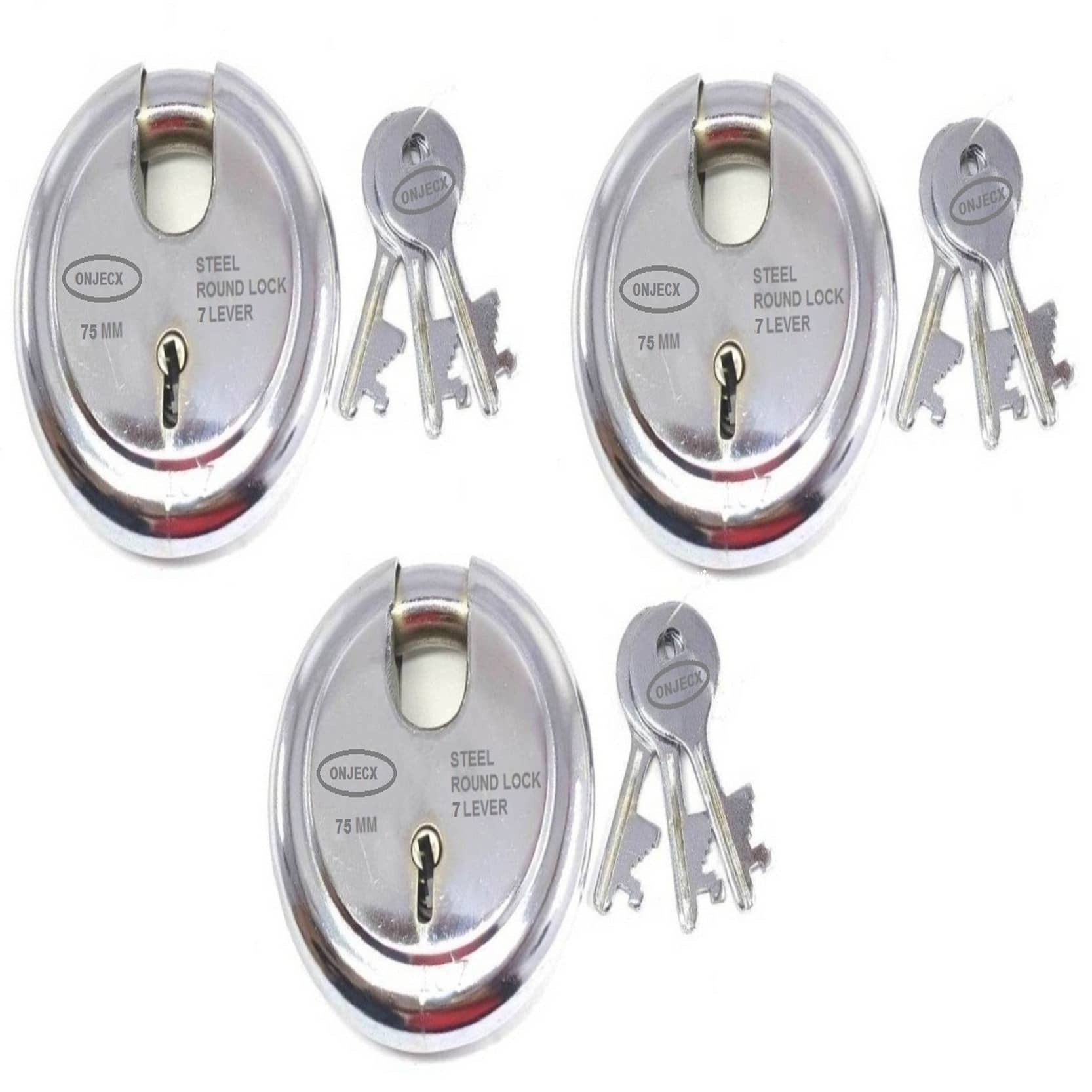 Onjecx Steel High Quality Primium range Lock 7 Levers 75 mm Heavy Duty Padlock , Sutter lock, Round lock Long life Durable with 3 Keys for Main Gate, Office Door, Shop Shutter, Pack of 1 pcs (RPL75)