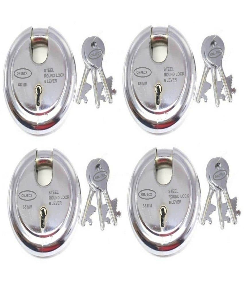Onjecx Steel High Quality Primium range Lock 6 Levers 65 mm Heavy Duty Padlock , Sutter lock, Round lock Long life Durable with 3 Keys for Main Gate, Office Door, Shop Shutter, Pack of 4 pcs (RPL65)