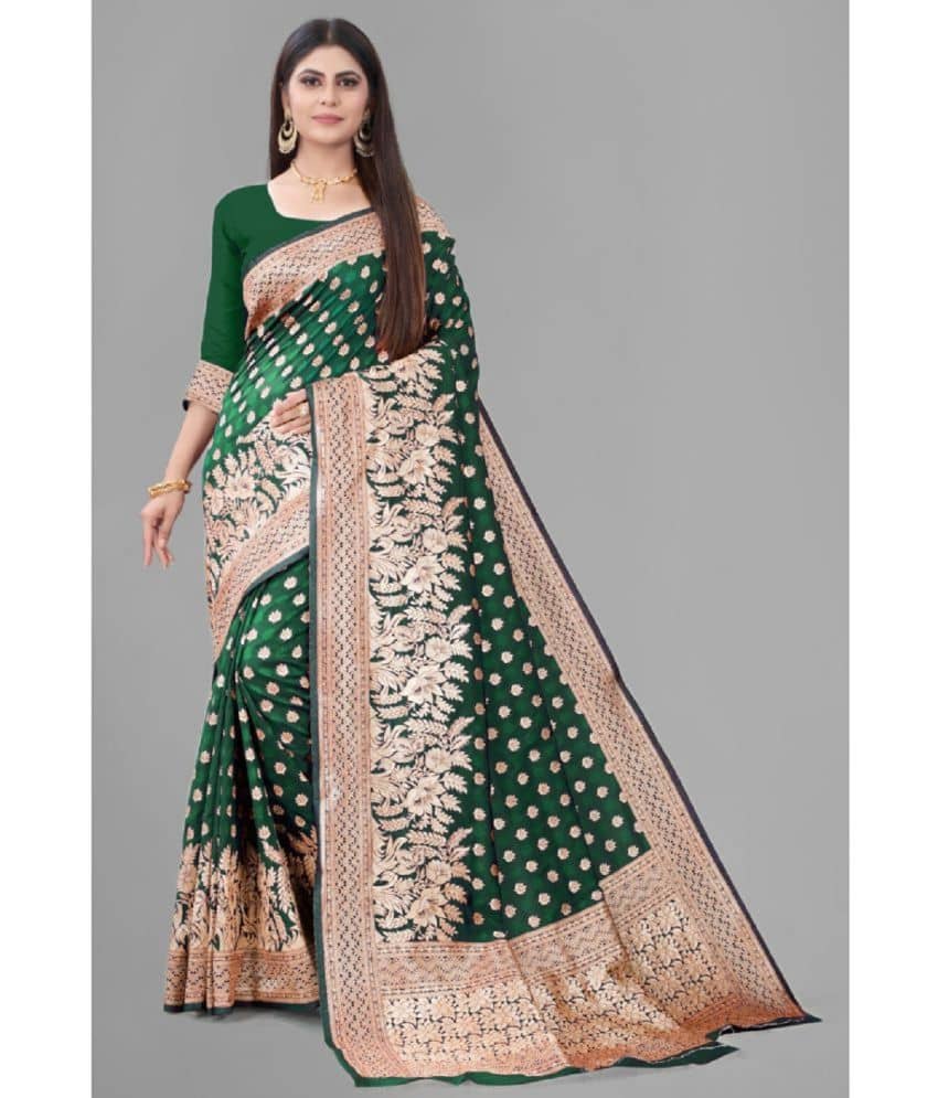 Gazal Fashions Banarasi Silk Embellished Saree With Unstitched Blouse Piece ( Green ) - Sarees | Buy online on ZillyBuy