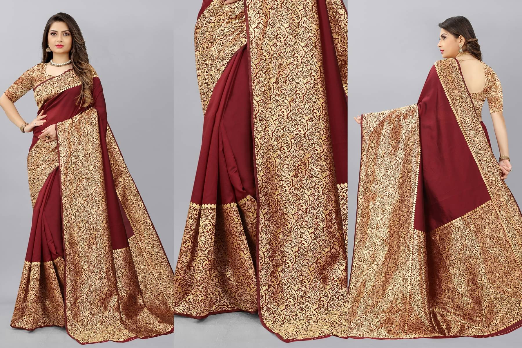     			Gazal Fashions Banarasi Silk Embellished Saree With Unstitched Blouse Piece ( Maroon )
