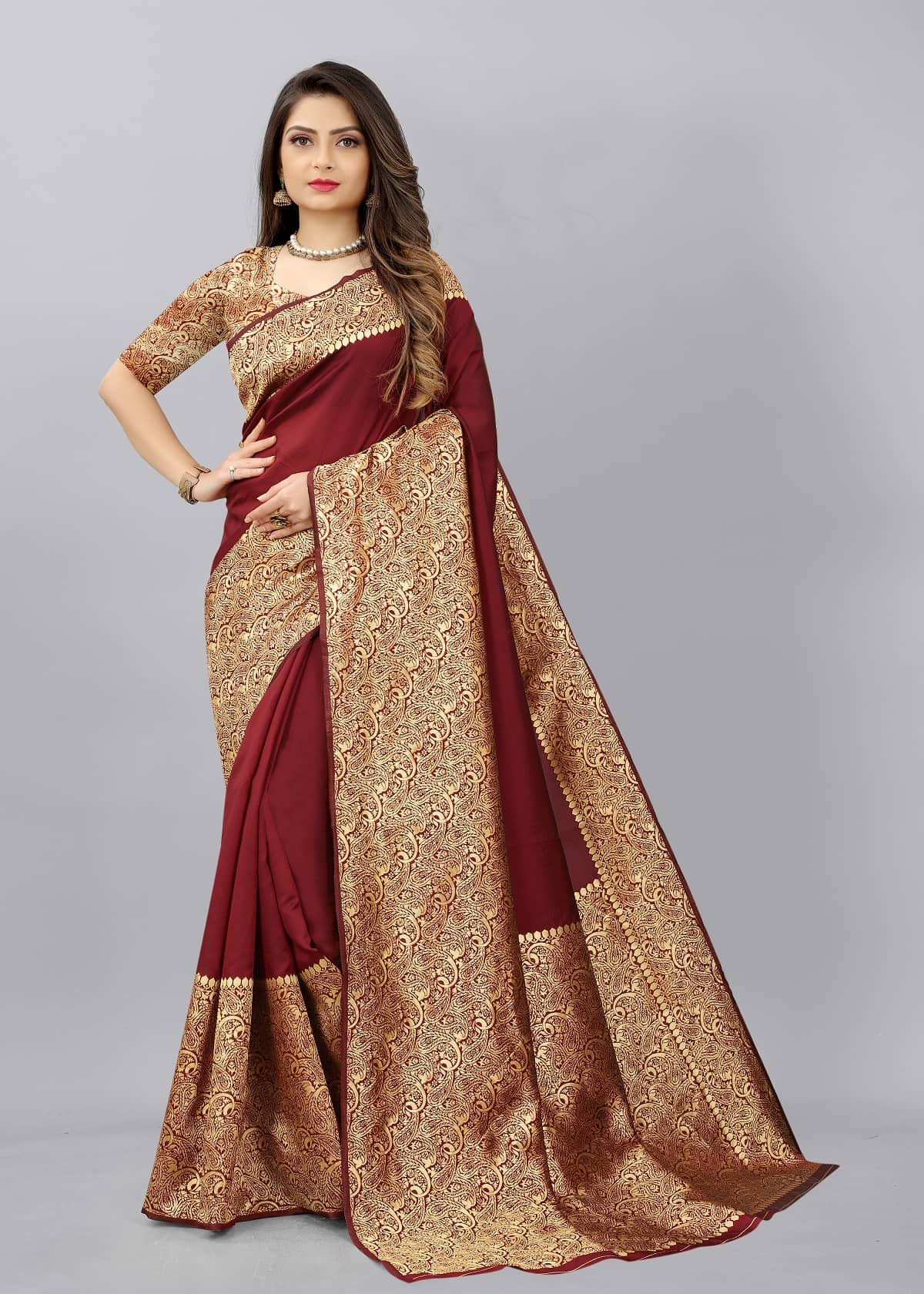 Gazal Fashions Banarasi Silk Embellished Saree With Unstitched Blouse Piece ( Maroon ) - Sarees | Buy online on ZillyBuy