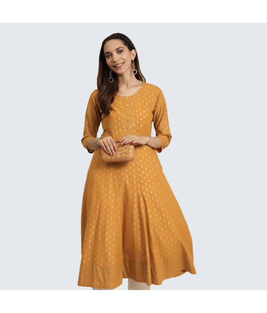 Yash Gallery - Mustard Cotton Women's Flared Kurti ( Pack of 1 ) Yash Gallery - Mustard Cotton Women's Flared Kurti ( Pack of 1 )