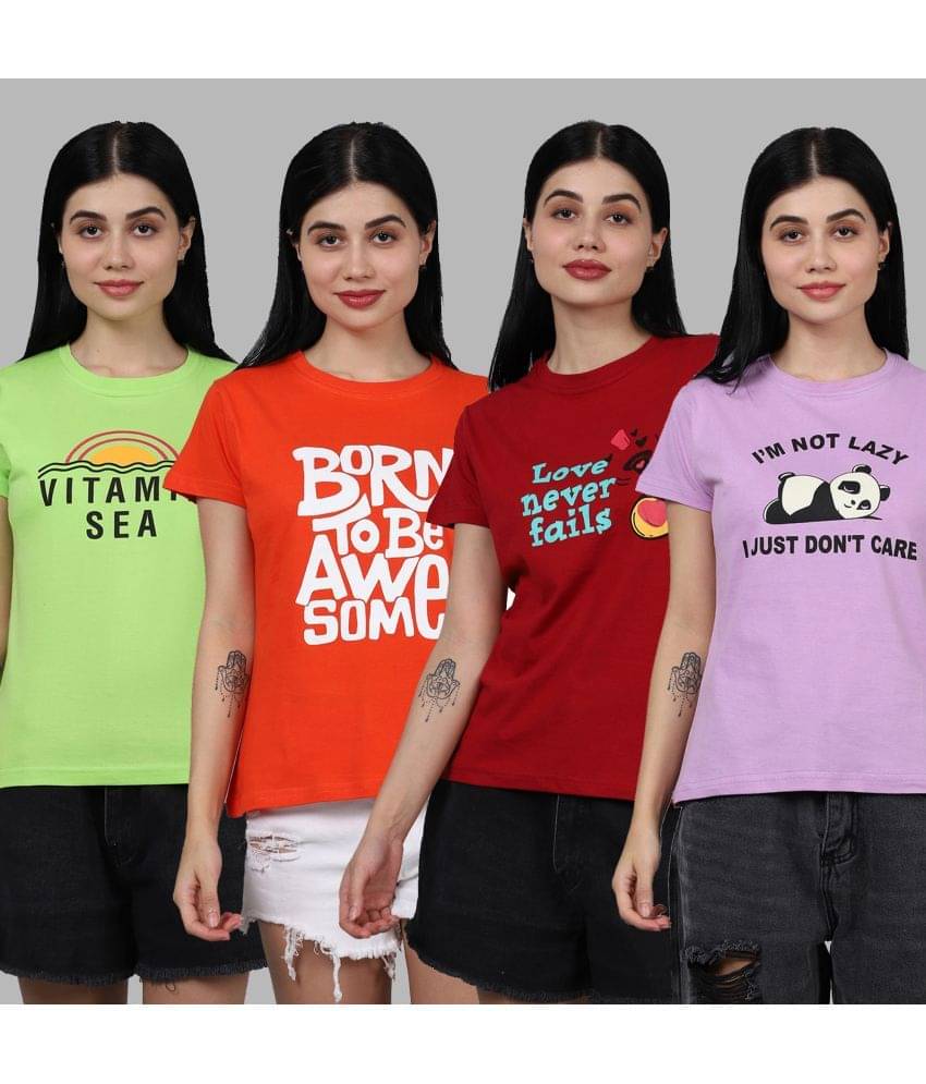     			Fabflee Women Cotton Printed Regular Fit Round Neck T-Shirt ( Multi Color )