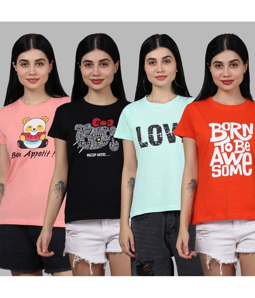     			Fabflee Women Cotton Printed Regular Fit Round Neck T-Shirt ( Multi Color )