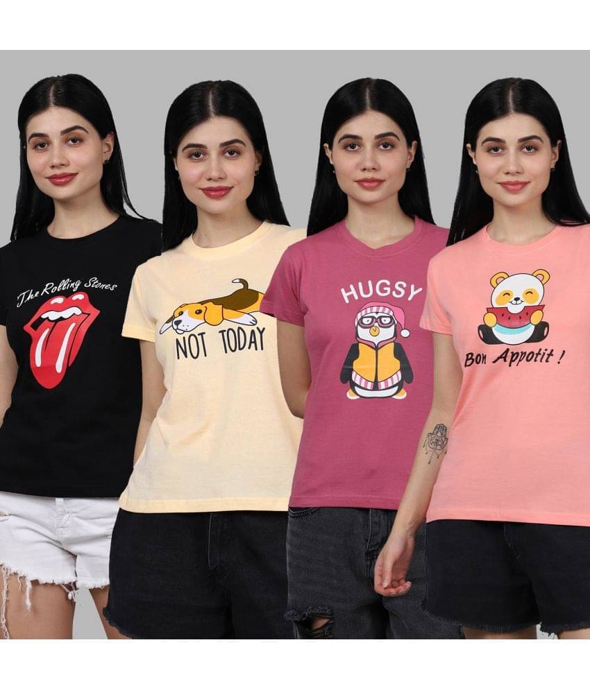     			Fabflee Women Cotton Printed Regular Fit Round Neck T-Shirt ( Multi Color )