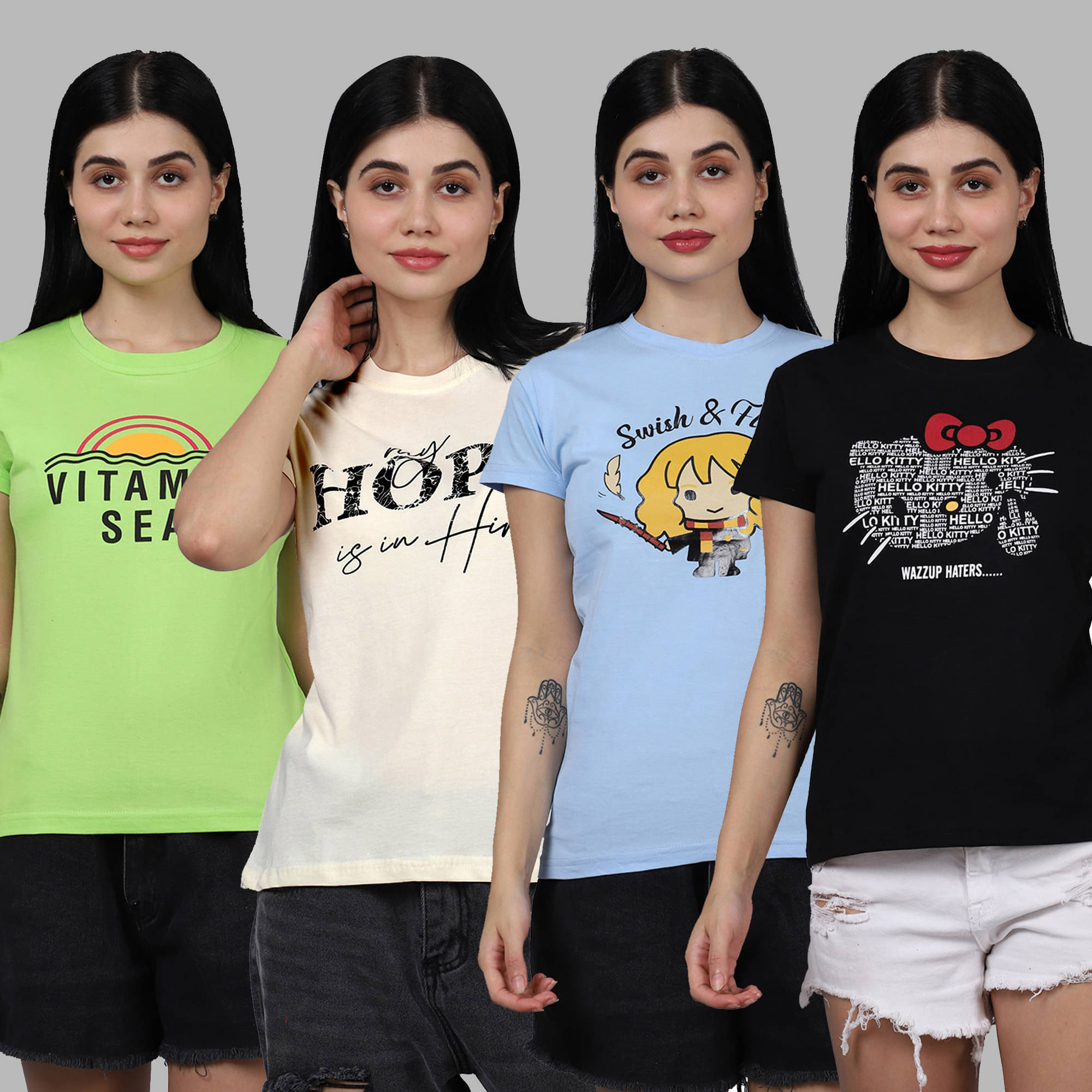     			Fabflee Women Cotton Printed Regular Fit Round Neck T-Shirt ( Multi Color )
