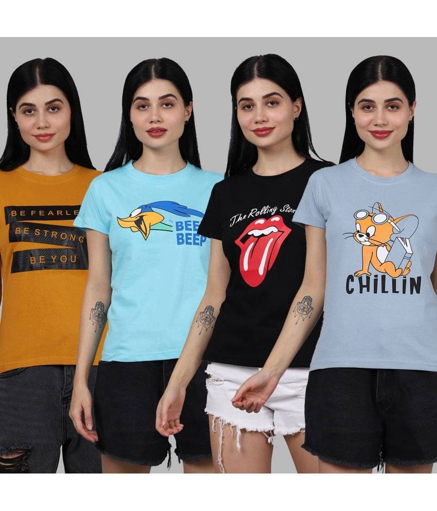     			Fabflee Women Cotton Printed Regular Fit Round Neck T-Shirt ( Multi Color )