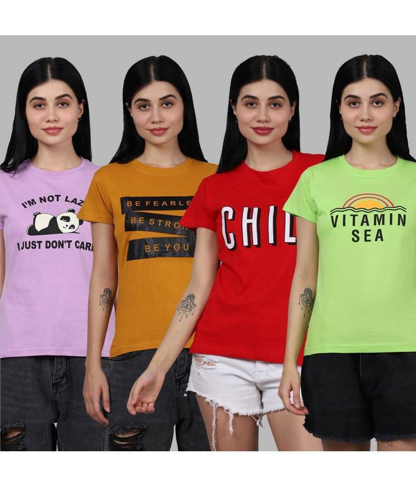 Fabflee Women Cotton Printed Regular Fit Round Neck T-Shirt ( Multicolor )     			Fabflee Women Cotton Printed Regular Fit Round Neck T-Shirt ( Multicolor )