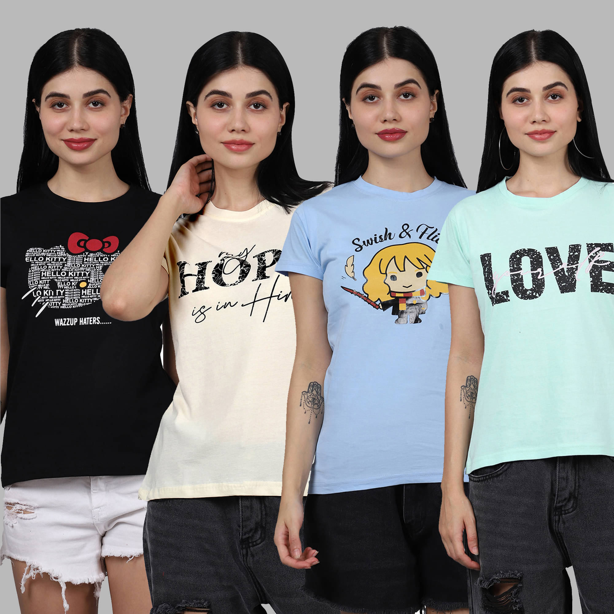     			Fabflee Women Cotton Printed Regular Fit Round Neck T-Shirt ( Multicolor )