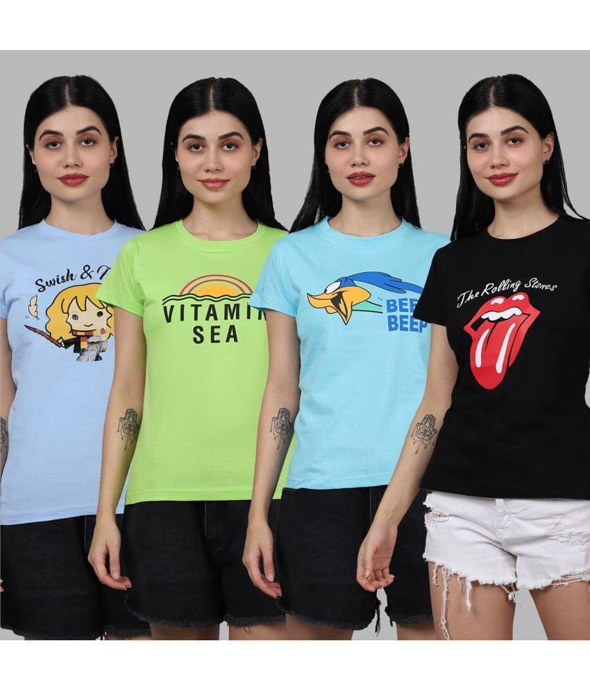     			Fabflee Women Cotton Printed Regular Fit Round Neck T-Shirt ( Multicolor )