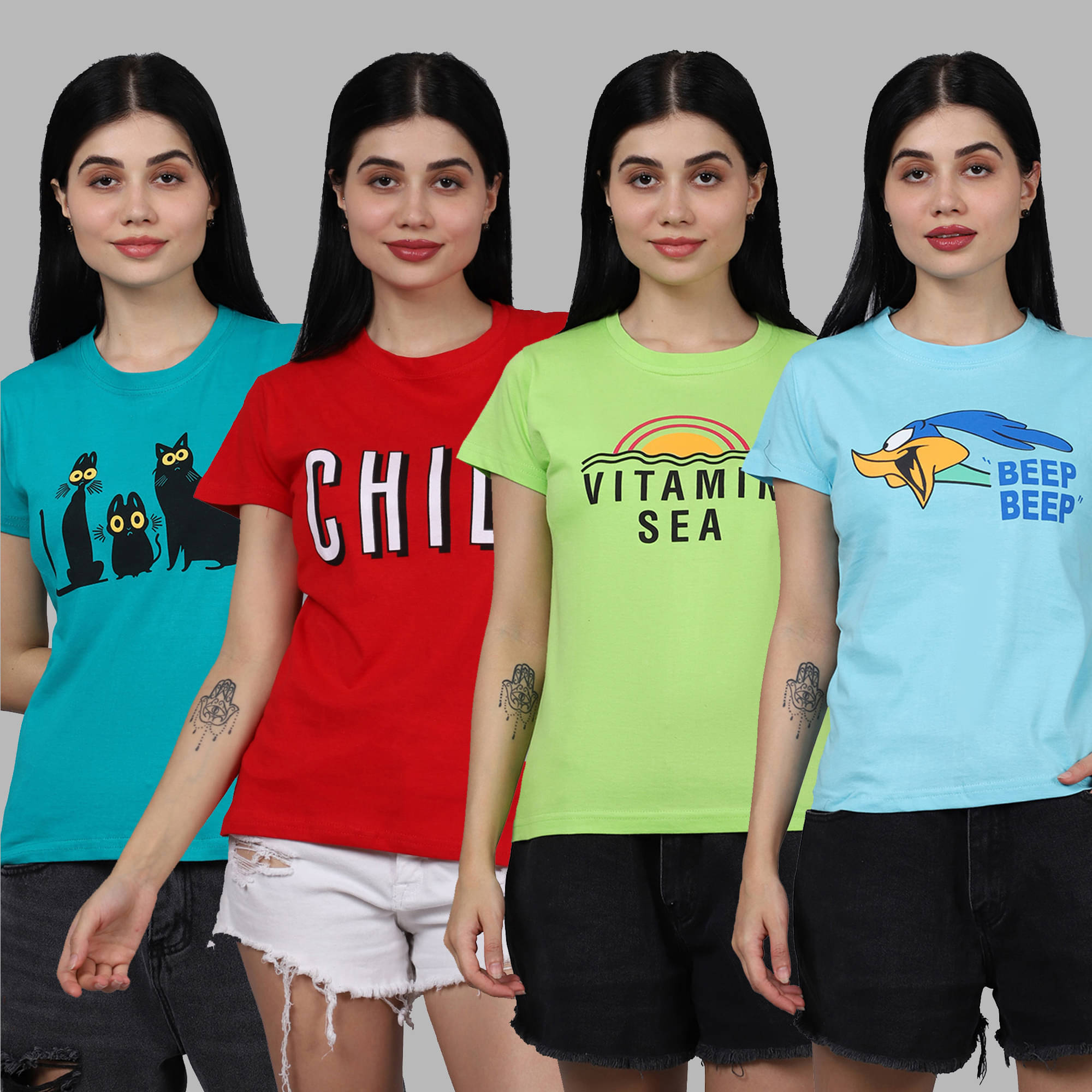     			Fabflee Women Cotton Printed Regular Fit Round Neck T-Shirt ( Multicolor )