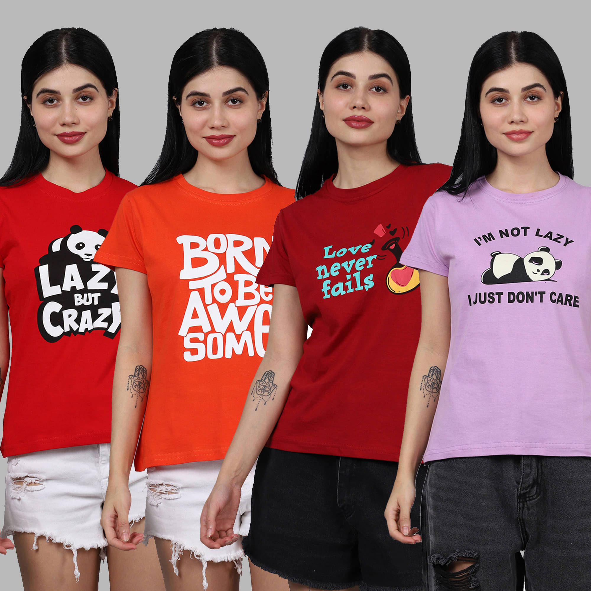     			Fabflee Women Cotton Printed Regular Fit Round Neck T-Shirt ( Multicolor )