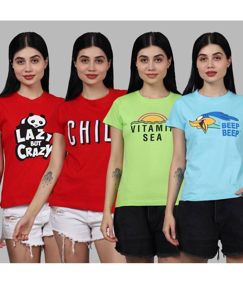     			Fabflee Women Cotton Printed Regular Fit Round Neck T-Shirt ( Multicolor )