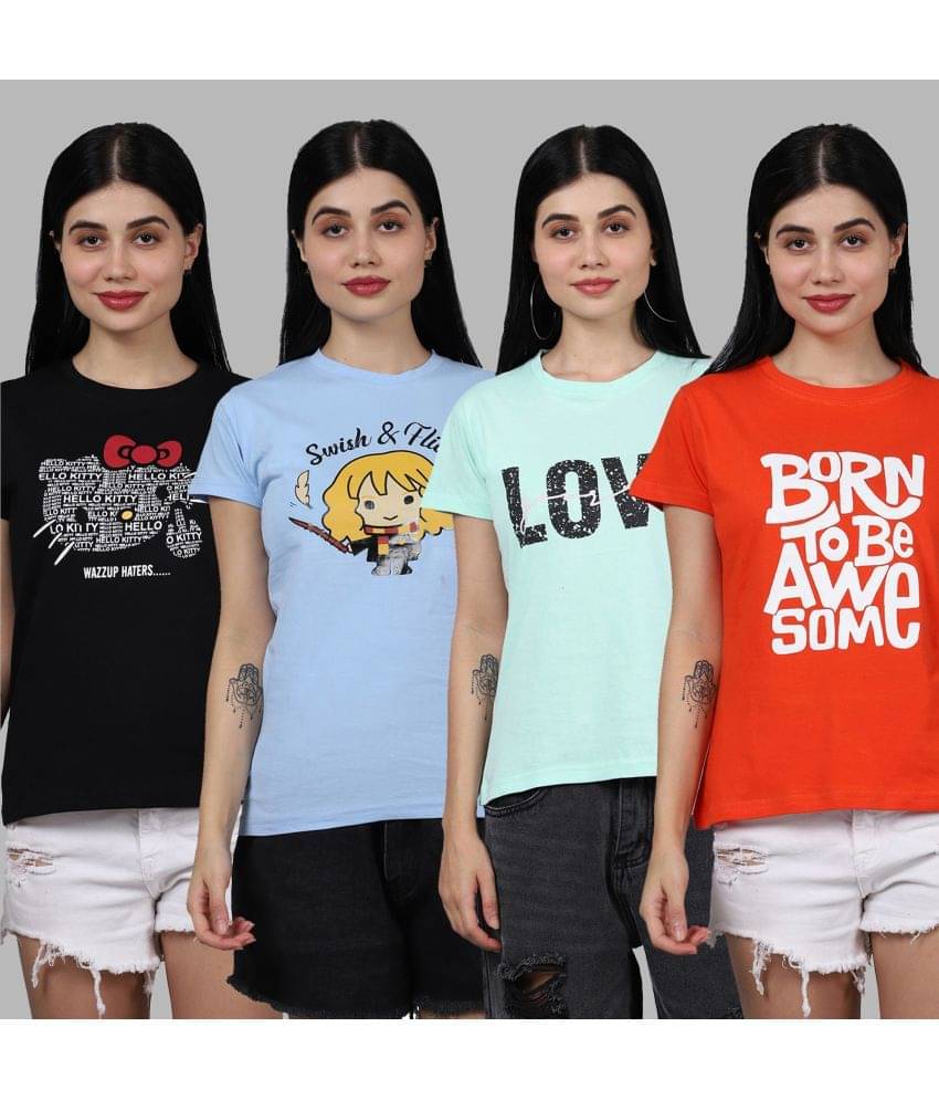     			Fabflee Women Cotton Printed Regular Fit Round Neck T-Shirt ( Multicolor )