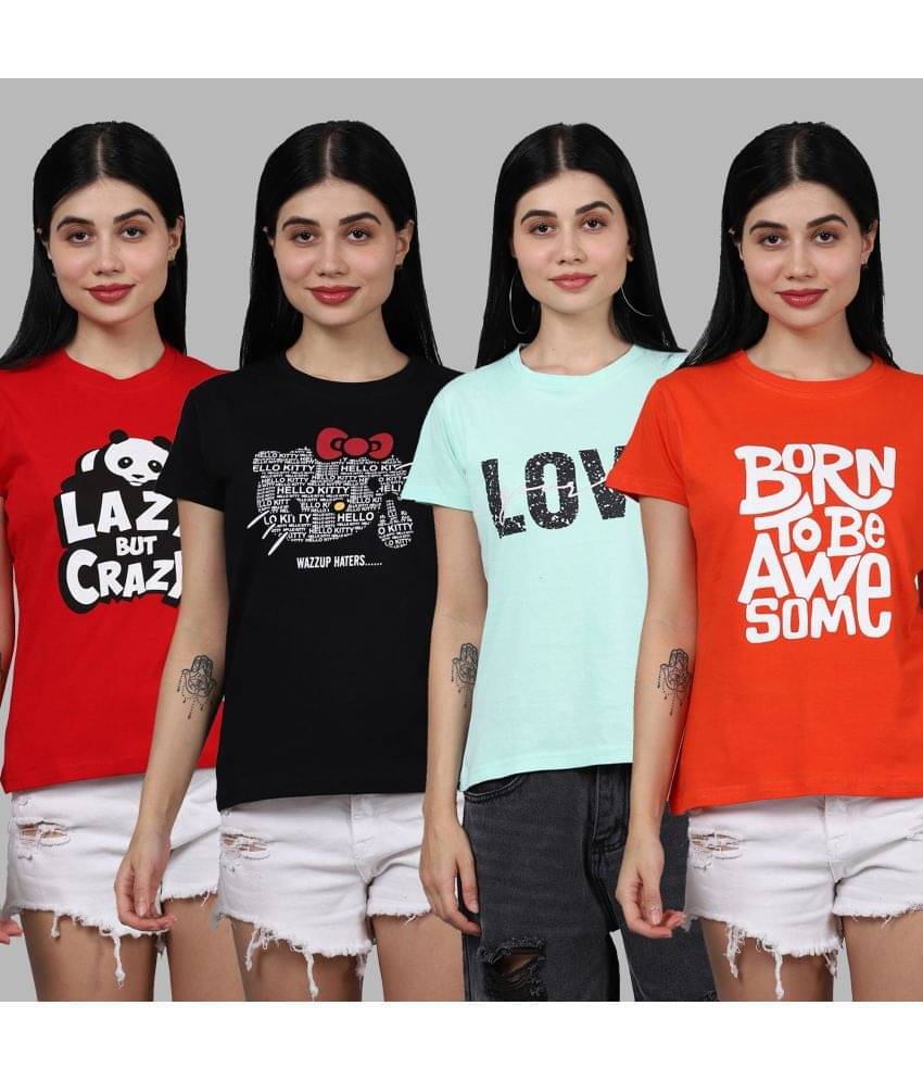     			Fabflee Women Cotton Printed Regular Fit Round Neck T-Shirt ( Multicolor )