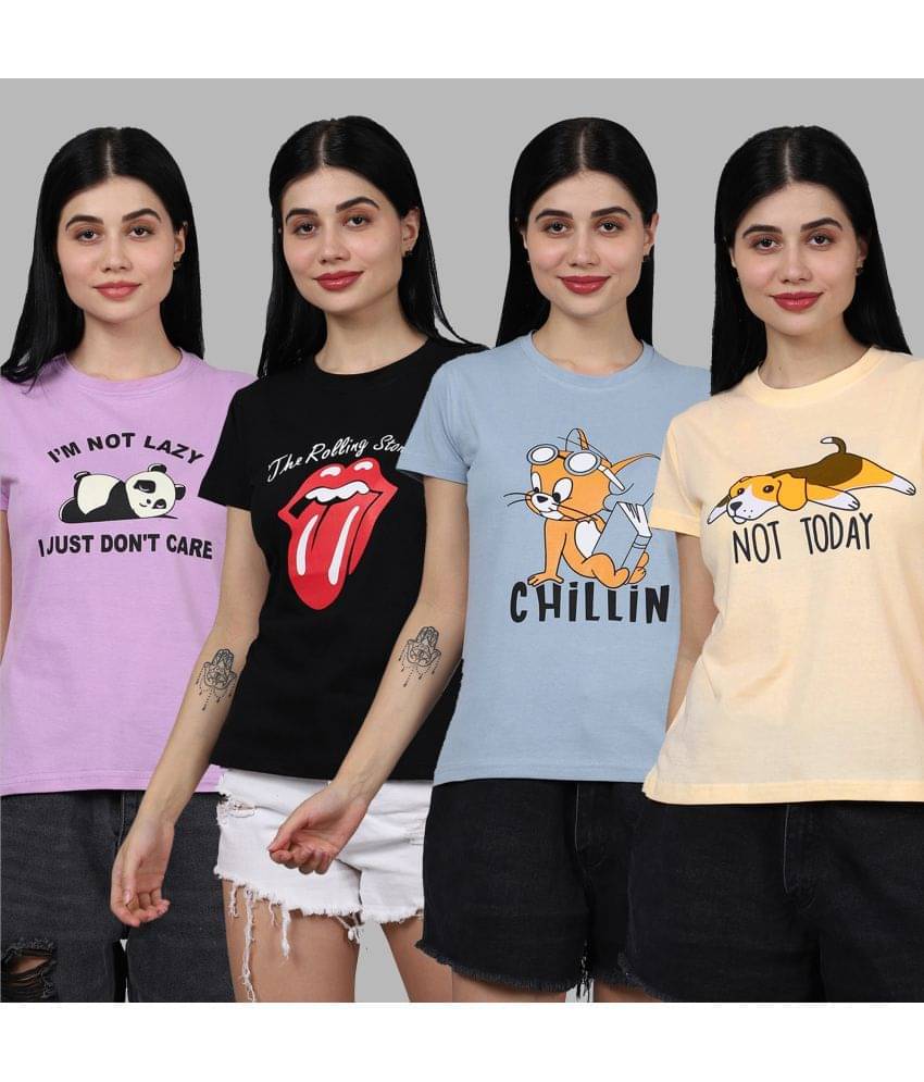 Fabflee Women Cotton Printed Regular Fit Round Neck T-Shirt ( Multicolor )     			Fabflee Women Cotton Printed Regular Fit Round Neck T-Shirt ( Multicolor )