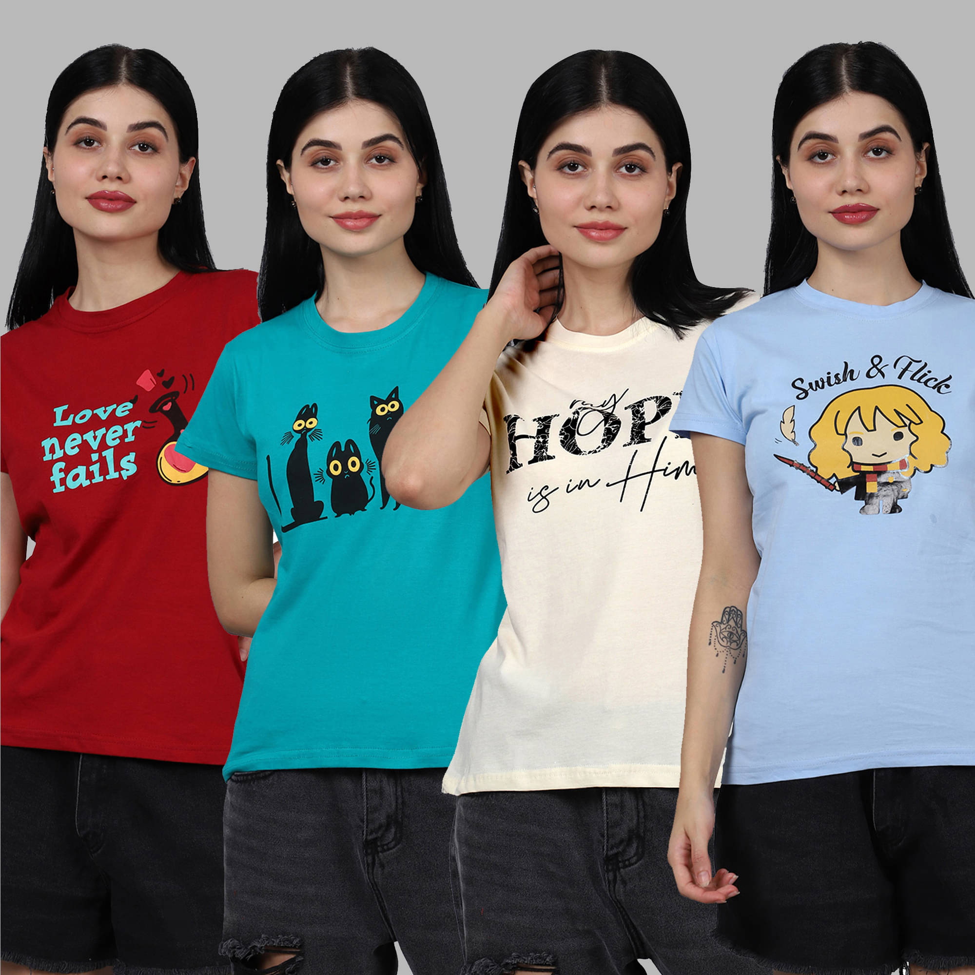     			Fabflee Women Cotton Printed Regular Fit Round Neck T-Shirt ( Multicolor )