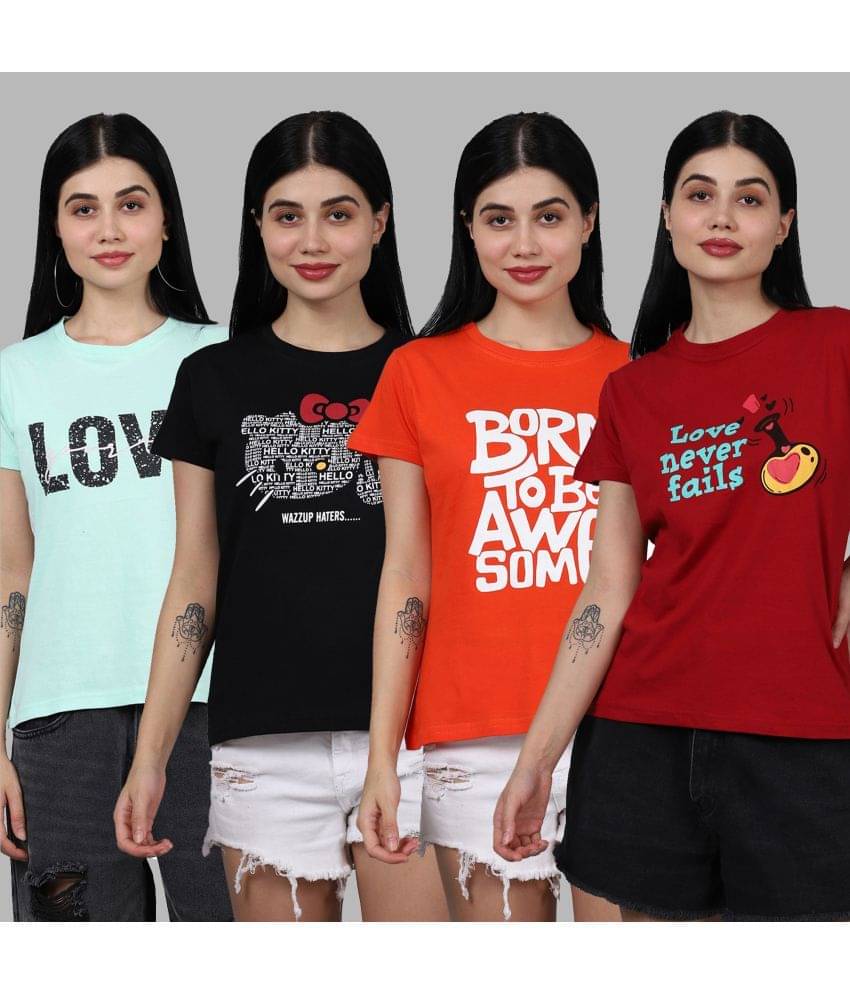     			Fabflee Women Cotton Printed Regular Fit Round Neck T-Shirt ( Multicolor )