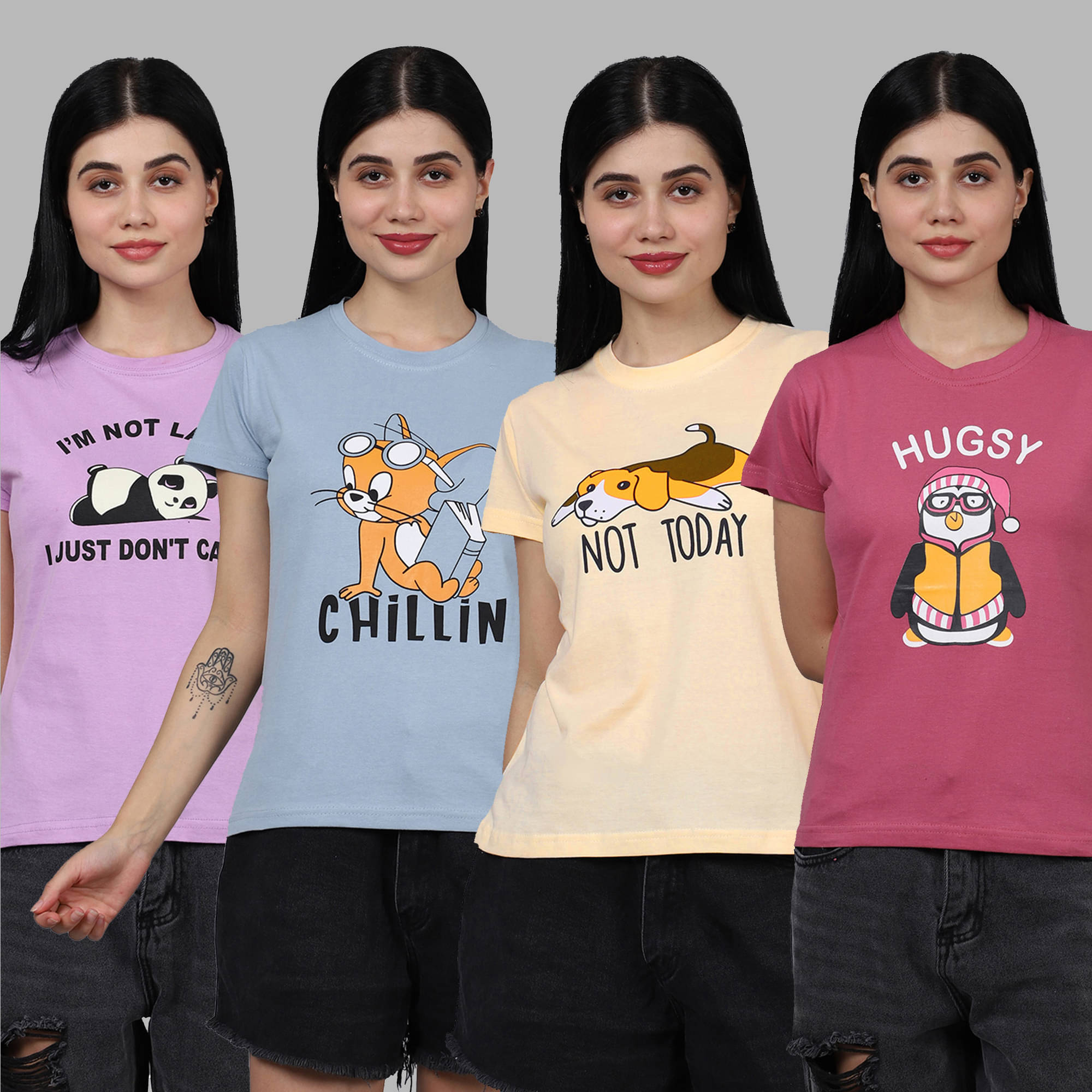     			Fabflee Women Cotton Printed Regular Fit Round Neck T-Shirt ( Multicolor )