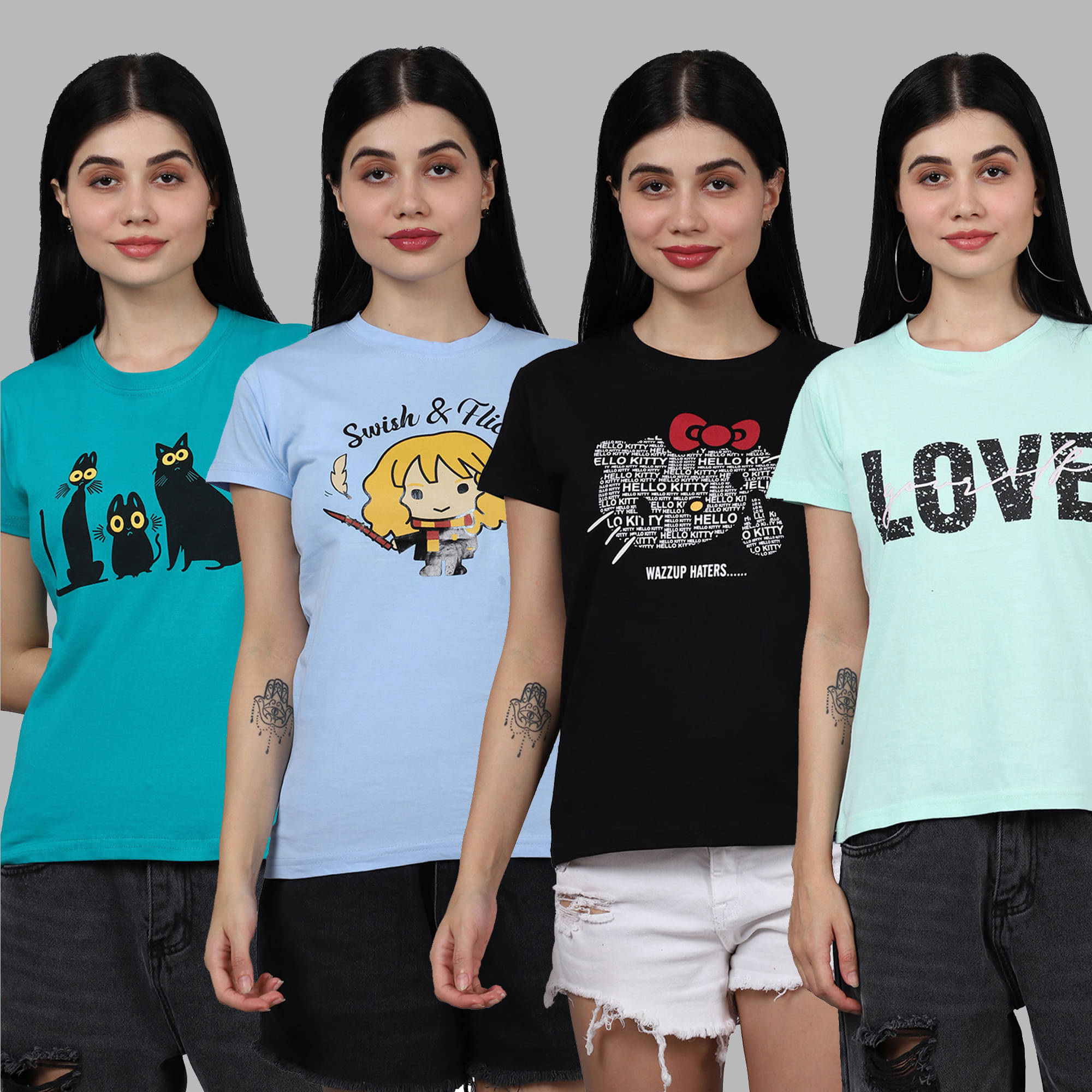 Fabflee Women Cotton Printed Regular Fit Round Neck T-Shirt ( Multicolor )     			Fabflee Women Cotton Printed Regular Fit Round Neck T-Shirt ( Multicolor )