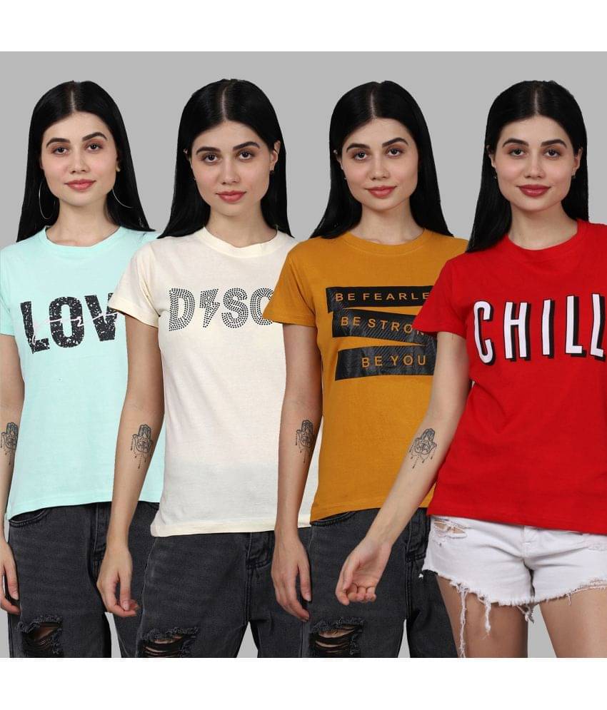 Fabflee Women Cotton Printed Regular Fit Round Neck T-Shirt ( Multicolor )     			Fabflee Women Cotton Printed Regular Fit Round Neck T-Shirt ( Multicolor )