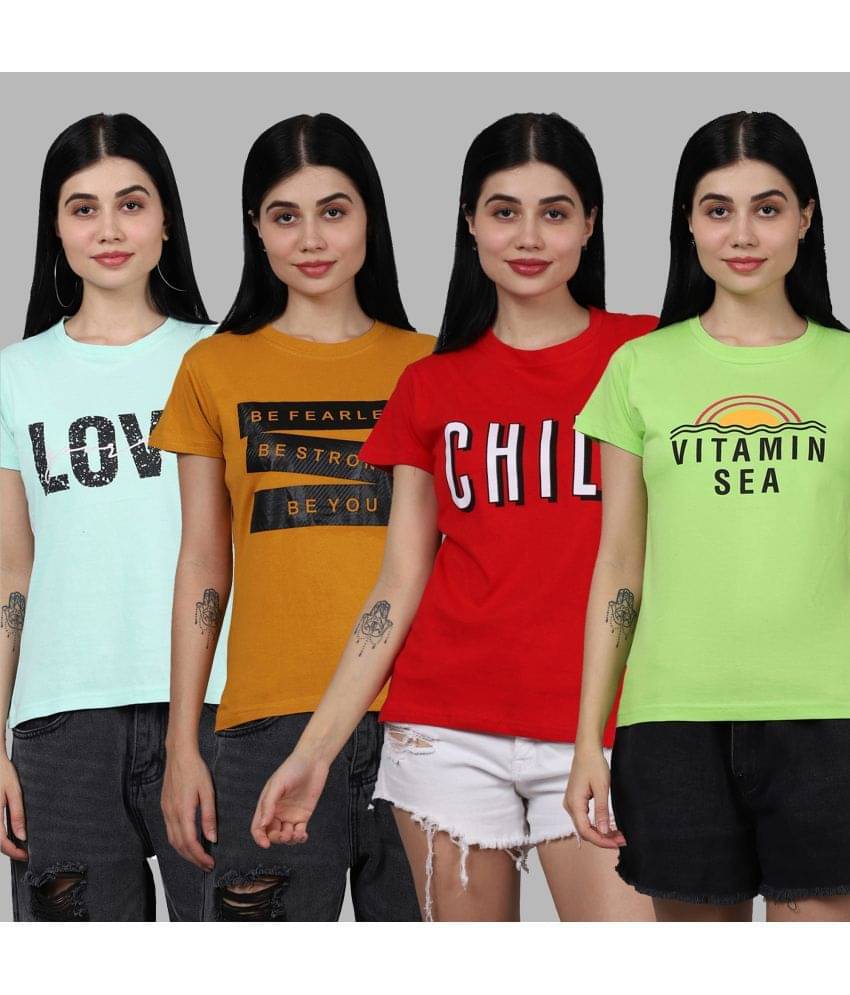     			Fabflee Women Cotton Printed Regular Fit Round Neck T-Shirt ( Multicolor )