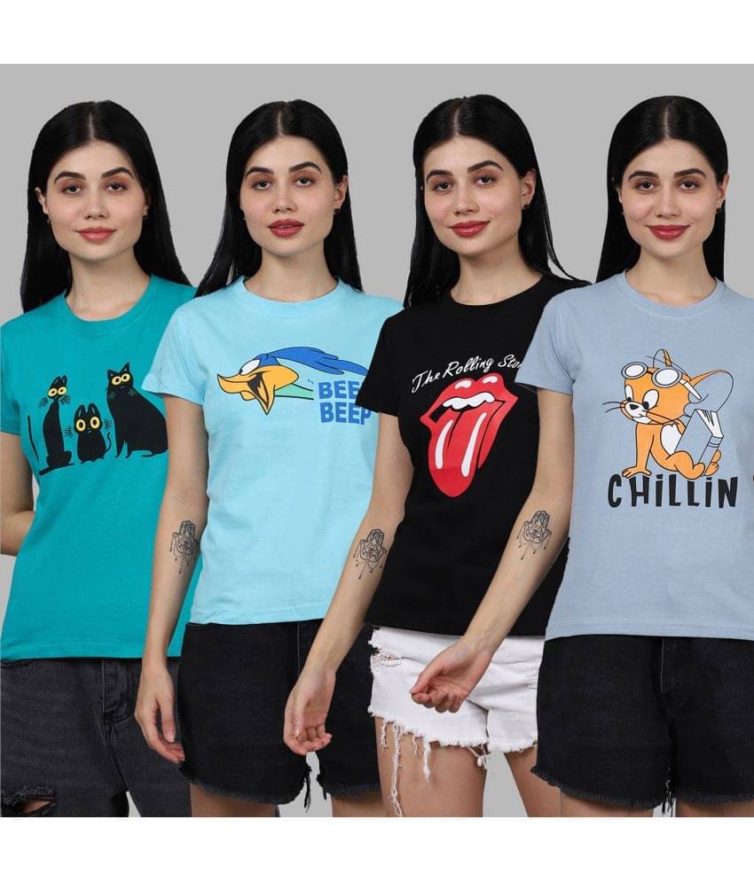     			Fabflee Women Cotton Printed Regular Fit Round Neck T-Shirt ( Multicolor )