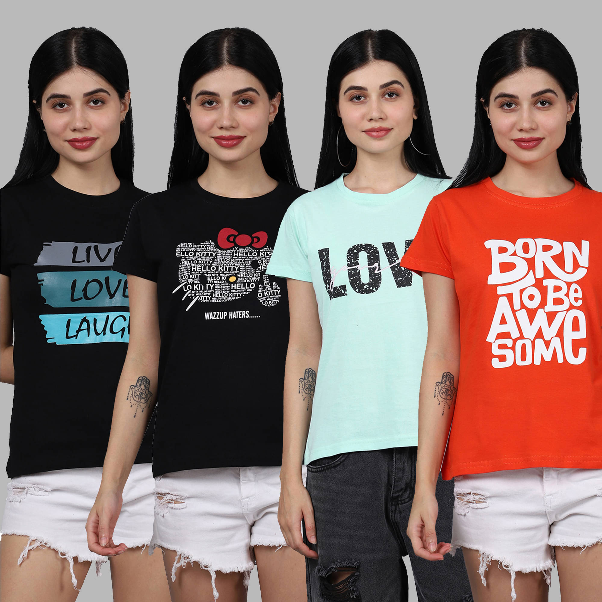     			Fabflee Women Cotton Printed Regular Fit Round Neck T-Shirt ( Multicolor )