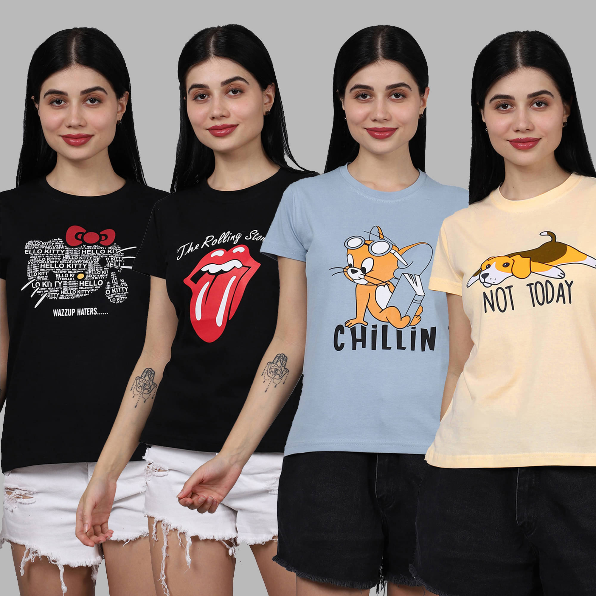     			Fabflee Women Cotton Printed Regular Fit Round Neck T-Shirt ( Multicolor )