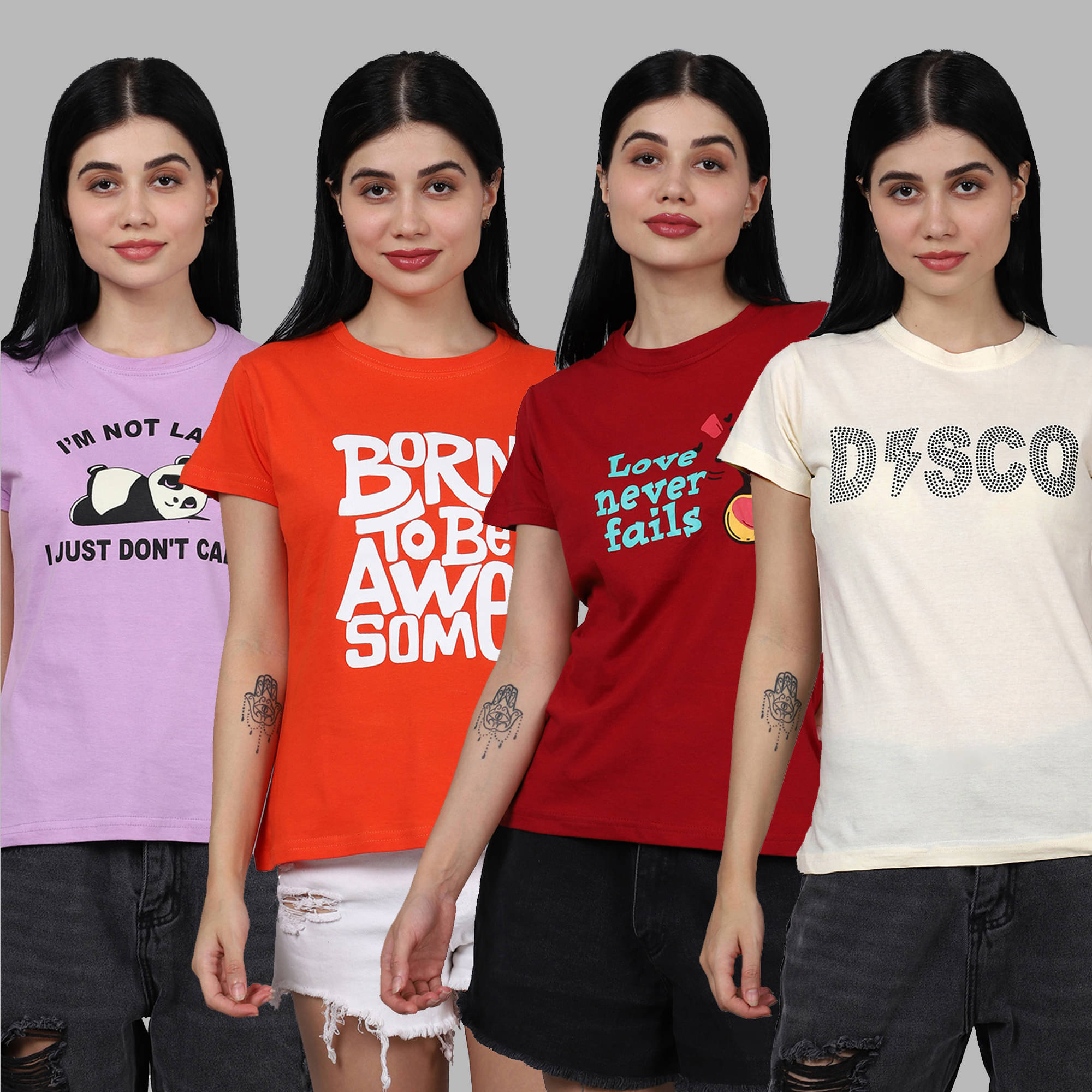     			Fabflee Women Cotton Printed Regular Fit Round Neck T-Shirt ( Multicolor )