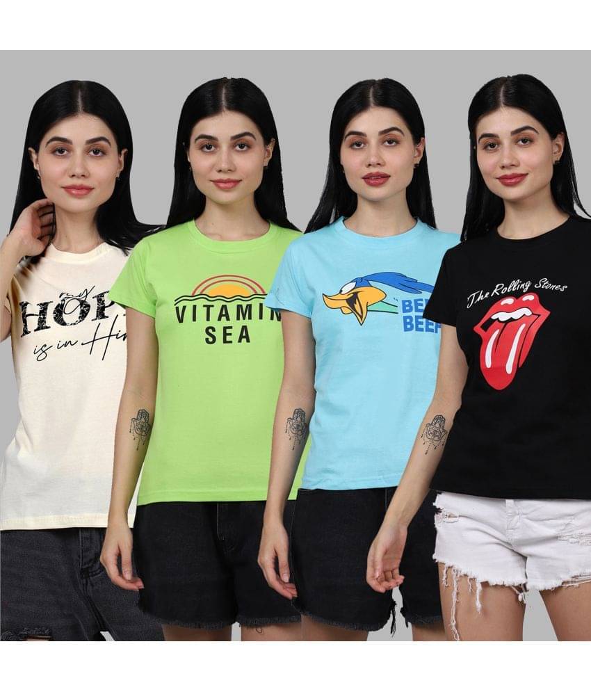    			Fabflee Women Cotton Printed Regular Fit Round Neck T-Shirt ( Multicolor )