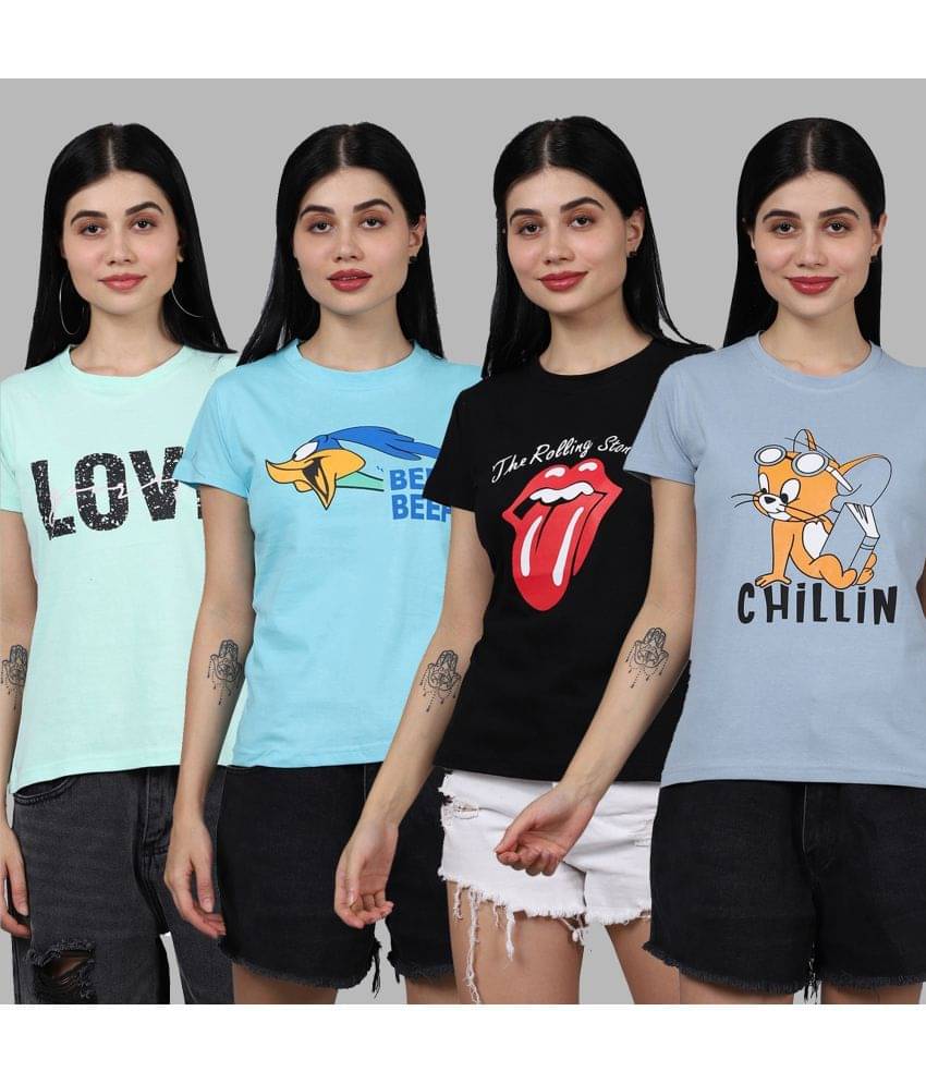 Fabflee Women Cotton Printed Regular Fit Round Neck T-Shirt ( Multicolor )     			Fabflee Women Cotton Printed Regular Fit Round Neck T-Shirt ( Multicolor )