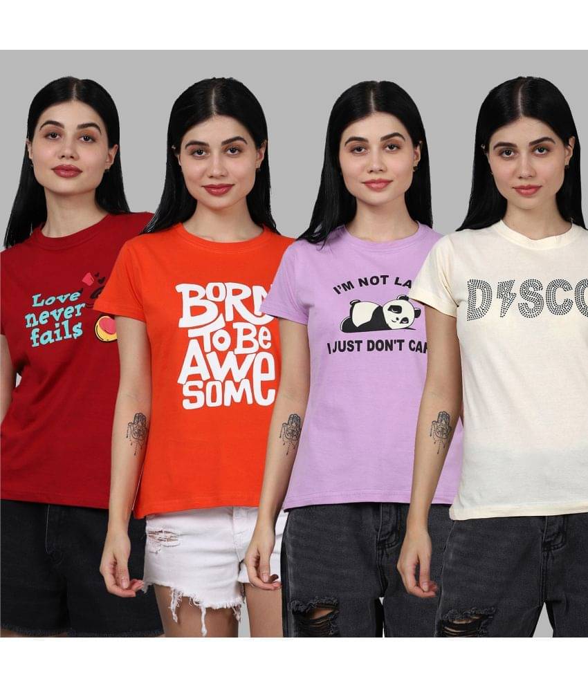     			Fabflee Women Cotton Printed Regular Fit Round Neck T-Shirt ( Multicolor )