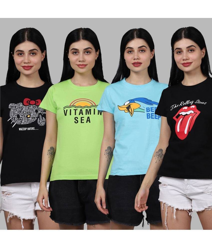     			Fabflee Women Cotton Printed Regular Fit Round Neck T-Shirt ( Multicolor )