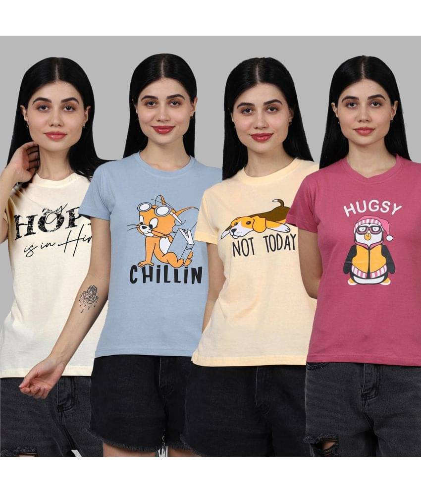     			Fabflee Women Cotton Printed Regular Fit Round Neck T-Shirt ( Multicolor )
