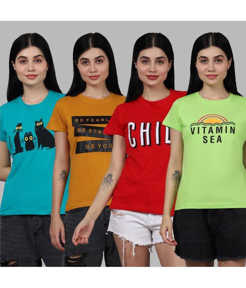     			Fabflee Women Cotton Printed Regular Fit Round Neck T-Shirt ( Multicolor )