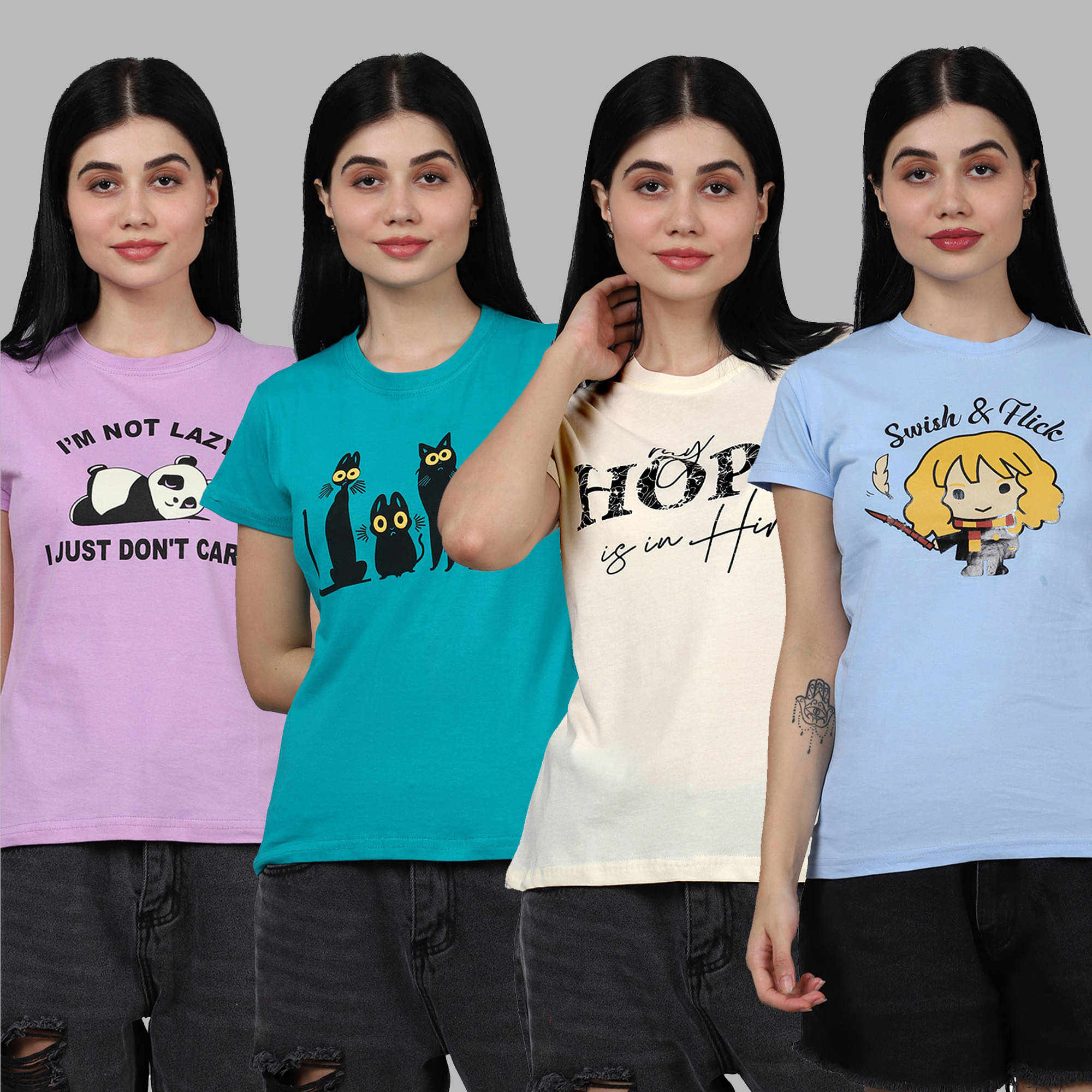     			Fabflee Women Cotton Printed Regular Fit Round Neck T-Shirt ( Multicolor )