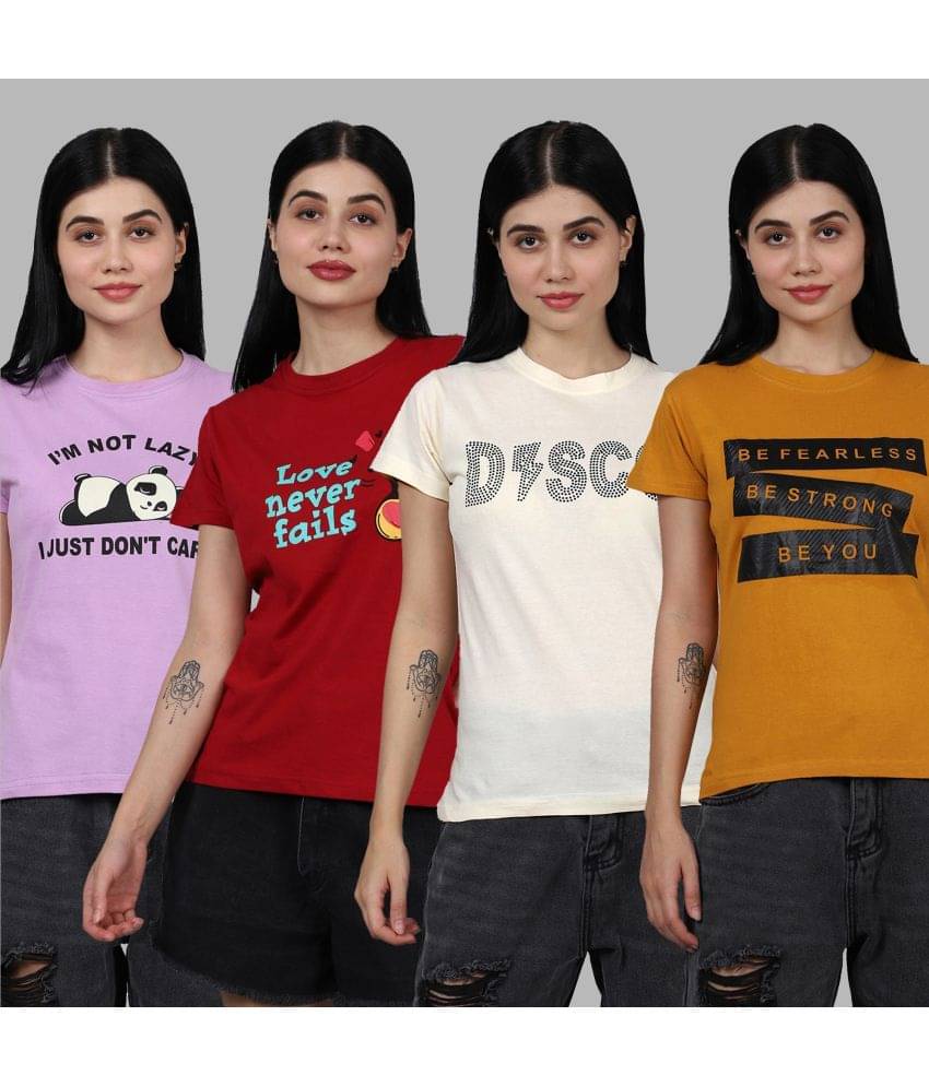     			Fabflee Women Cotton Printed Regular Fit Round Neck T-Shirt ( Multicolor )