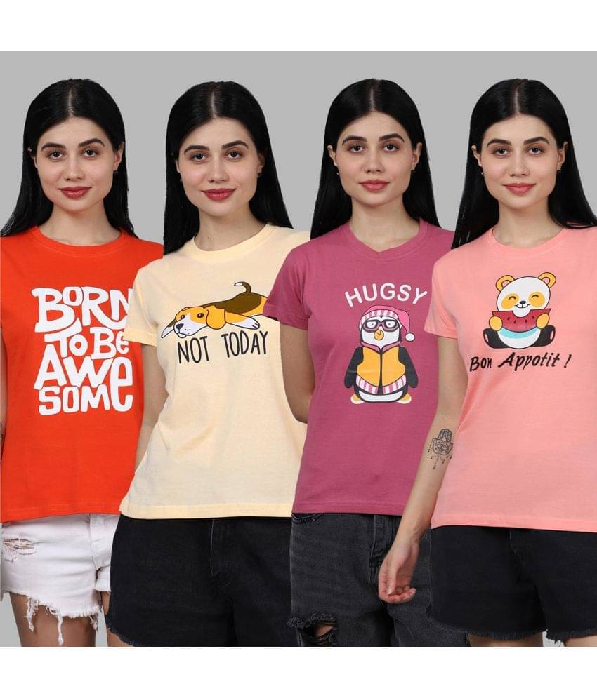     			Fabflee Women Cotton Printed Regular Fit Round Neck T-Shirt ( Multicolor )