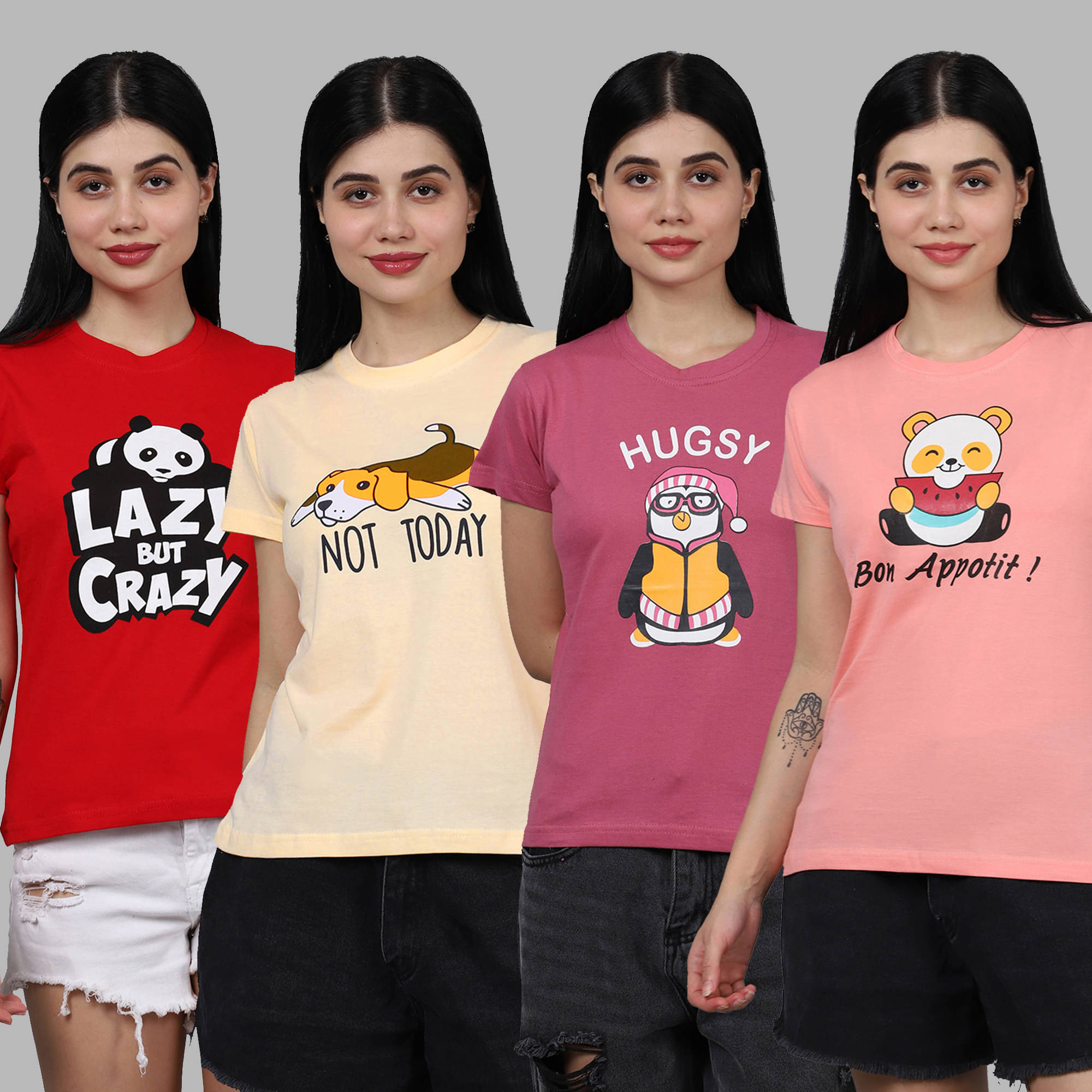     			Fabflee Women Cotton Printed Regular Fit Round Neck T-Shirt ( Multicolor )