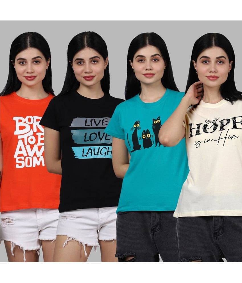     			Fabflee Women Cotton Printed Regular Fit Round Neck T-Shirt ( Multicolor )