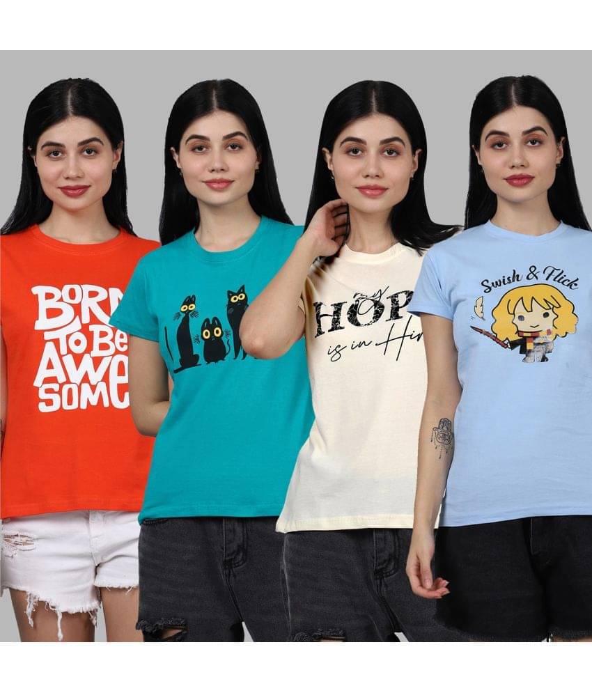     			Fabflee Women Cotton Printed Regular Fit Round Neck T-Shirt ( Multicolor )