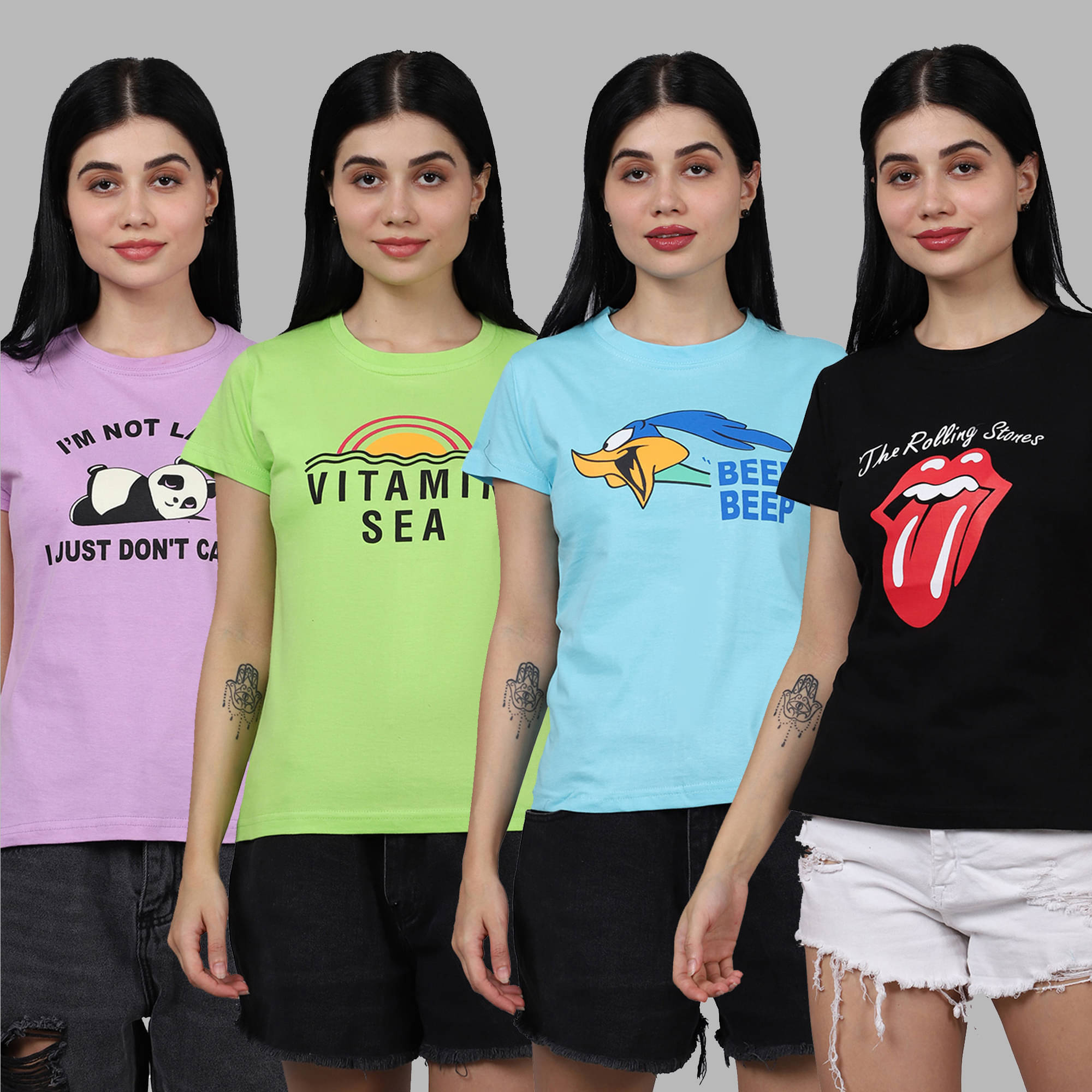     			Fabflee Women Cotton Printed Regular Fit Round Neck T-Shirt ( Multicolor )