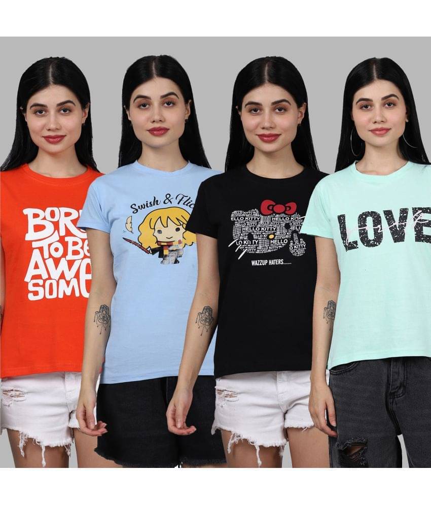     			Fabflee Women Cotton Printed Regular Fit Round Neck T-Shirt ( Multicolor )