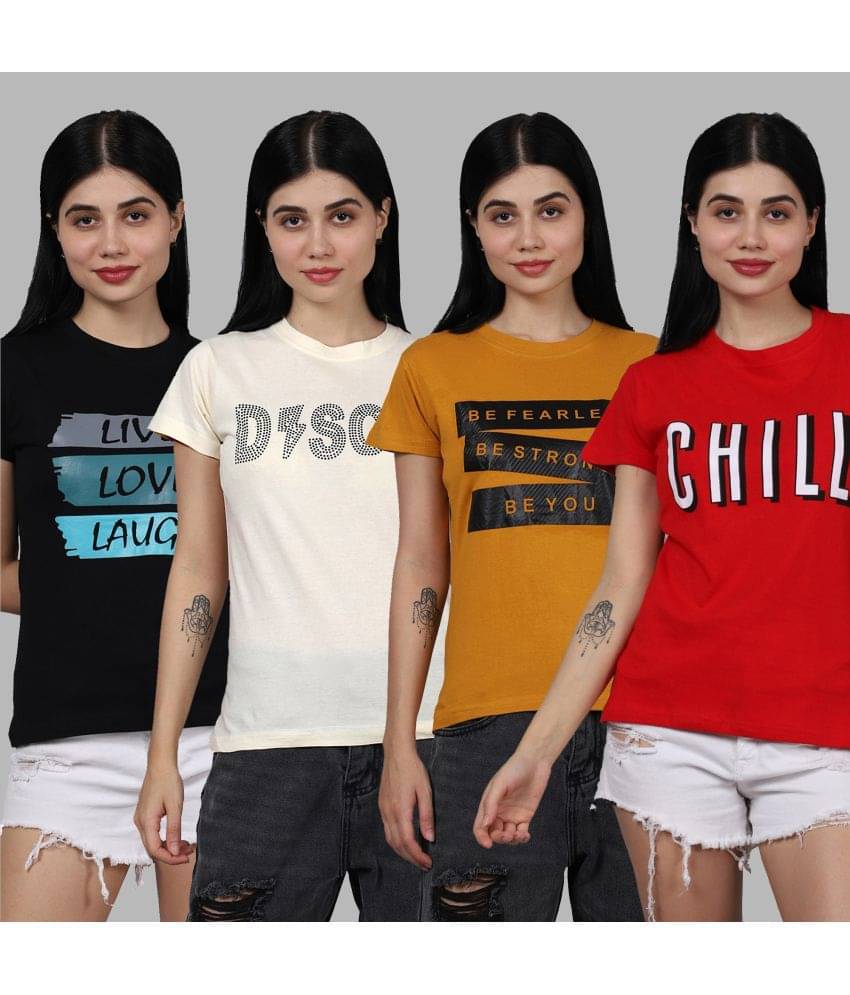     			Fabflee Women Cotton Printed Regular Fit Round Neck T-Shirt ( Multicolor )