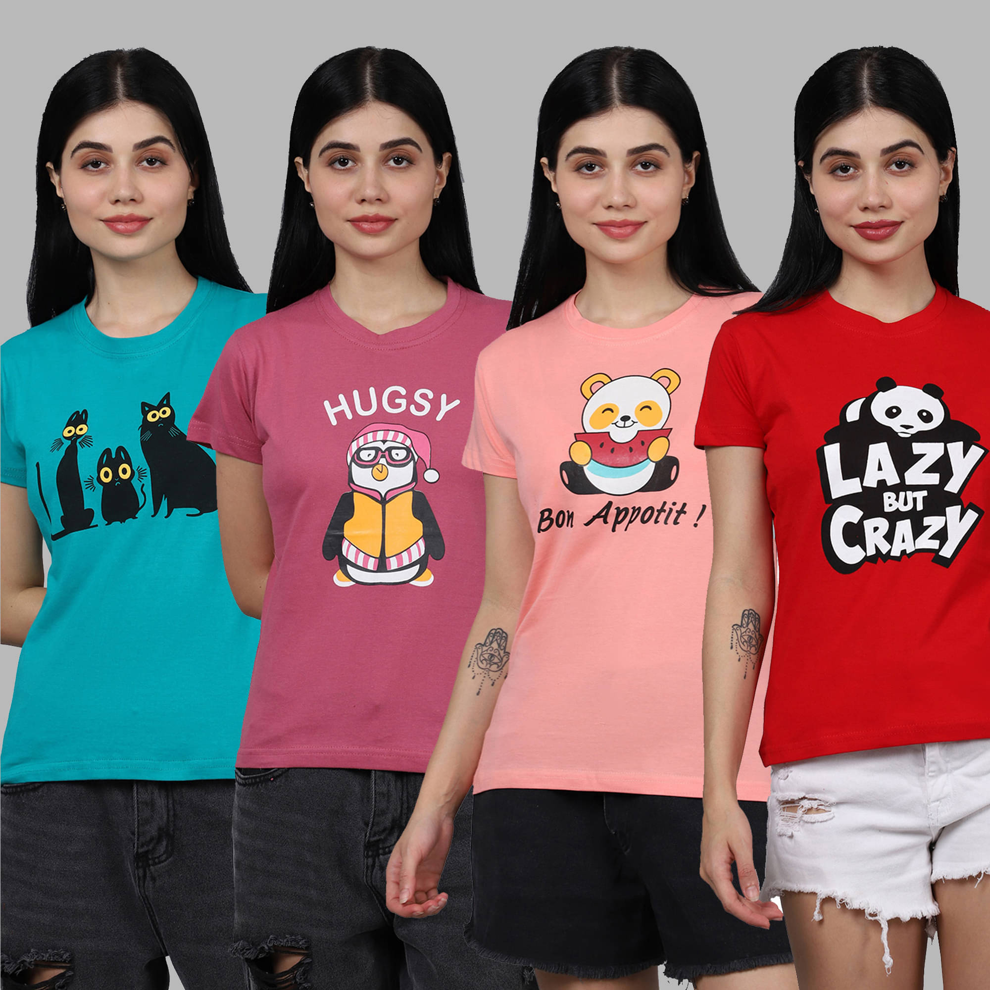 Fabflee Women Cotton Printed Regular Fit Round Neck T-Shirt ( Multicolor )     			Fabflee Women Cotton Printed Regular Fit Round Neck T-Shirt ( Multicolor )